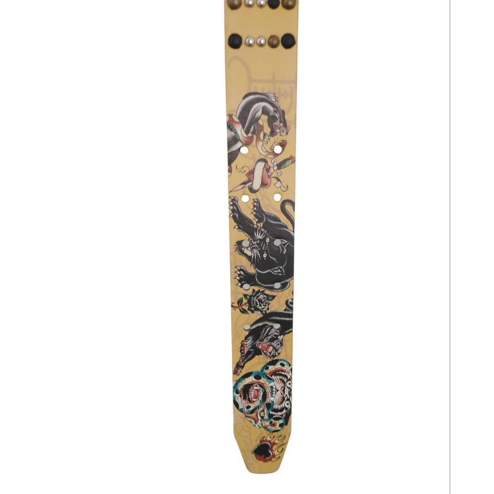 Ed Hardy Yellow Leather Belt‎ with Tattoo Design Sz 36 NWT